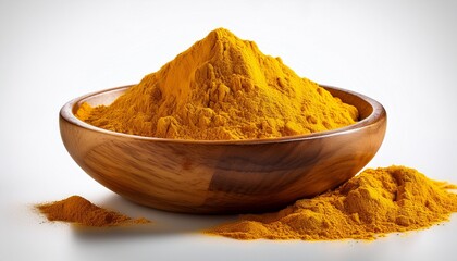 Wooden Bowl Filled With Vibrant Yellow Turmeric Powder Isolated On Transparent Background
