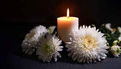 White Asters With Burning Candle On Dark Background Solemn Funeral Atmosphere