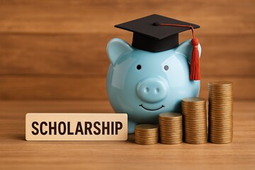 Scholarship concept with a blue piggy bank wearing a graduation cap and stacks of coins. Education and money theme highlighting savings, scholarship support and financial planning