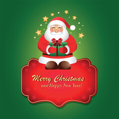 Christmas and New Year Greeting Card with Cute Santa and Gift – Vector Illustration