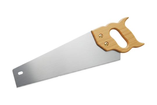 Classic hand saw with wooden handle and sharp metal blade on white isolated on transparent background