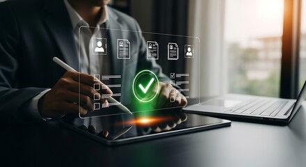 Businessman interacts with digital interface on tablet, approving documents with a glowing green checkmark, symbolizing efficiency and success.