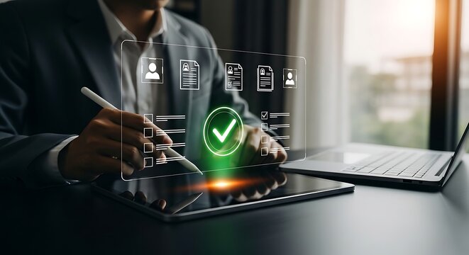 Businessman interacts with digital interface on tablet, approving documents with a glowing green checkmark, symbolizing efficiency and success. - Powered by Adobe