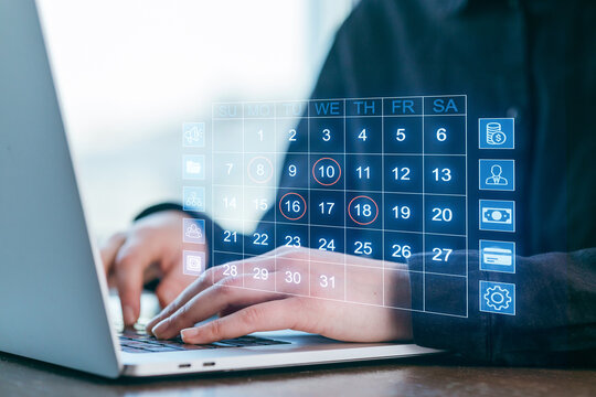 Hands typing on laptop with a digital calendar overlay displaying the days of the week and icons for tasks or events