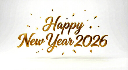 Golden 3d text happy new year 2026 with falling confetti and stars, elegant celebration graphic