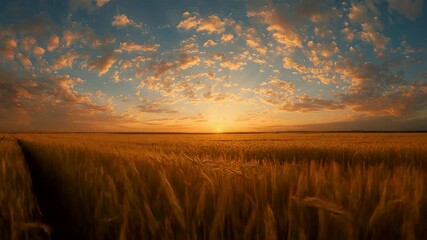Golden wheat field stretching across open farmland under a dramatic sunset sky with warm glowing light, soft clouds, and wide panoramic rural scenery - Powered by Adobe