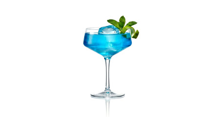 A vibrant blue cocktail with ice and mint garnish, isolated on a clean white background, ready for refreshment.