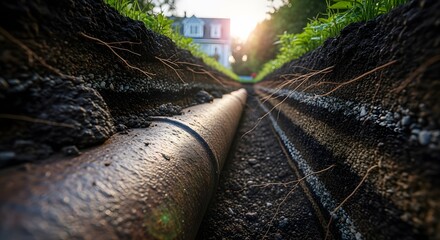 realistic underground perspective of a large water pipe running 