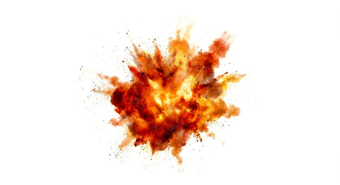 Fiery explosion of red and orange powder clouds erupting outwards against a clean white background, dynamic burst.