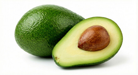 Ripe green avocado cut in half revealing a large brown seed and creamy green flesh, isolated on white.