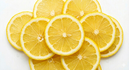 A bright, overhead view of fresh, juicy lemon slices arranged attractively on a clean white background, highlighting their vibrant color.