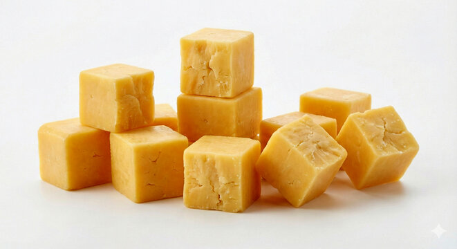 Pile of cut cheddar cheese cubes arranged on a white surface, ready for culinary use or as a snack ingredient.