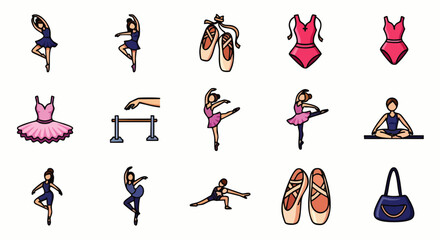 A collection of ballet-themed vector illustrations, showcasing dancers, pointe shoes, and related elements, perfect for artistic and dance-related projects.