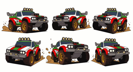 A series of illustrations showing a colorful off-road vehicle in various perspectives, highlighting its design and rugged capabilities for adventurous journeys.