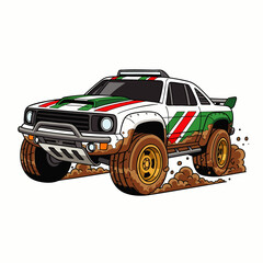 An illustrated rally car races across a muddy track, kicking up dirt and showcasing its off-road capabilities in a vibrant, dynamic scene.