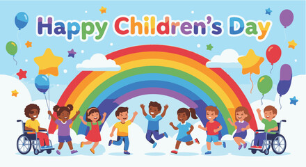 Fototapeta premium A cheerful Children’s Day celebration featuring happy kids enjoying joyful moments together. The scene highlights childhood happiness, fun activities, and positive energy—perfect for festive campaigns