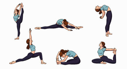 A woman demonstrates various yoga poses, showcasing flexibility and balance in a calm and serene illustration, perfect for wellness and fitness concepts.