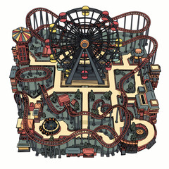 An illustrated amusement park, featuring a Ferris wheel, roller coasters, and various attractions, offering a vibrant and engaging depiction of leisure and entertainment.