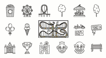 A collection of amusement park icons, featuring a Ferris wheel, roller coaster, carousel, popcorn, and other fun elements for entertainment and leisure.