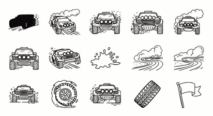 A collection of stylized off-road vehicle illustrations, showcasing adventure, speed, and rugged terrain with dynamic lines and expressive details.