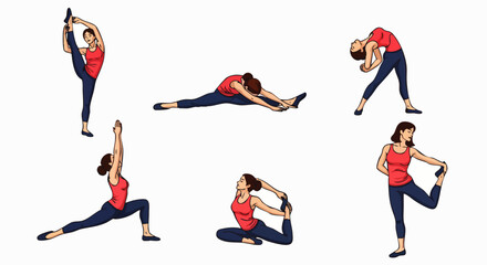 A woman demonstrates various yoga poses, showcasing flexibility and strength in a series of colorful, illustrated exercises for fitness and wellness.