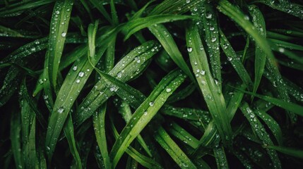 Fototapeta premium Morning Light Reveals Dewdrops on Green Grass in a Macro View Highlighting Natures Beauty
