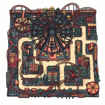 An illustrated aerial view captures a vintage amusement park, showcasing a Ferris wheel, roller coasters, and various attractions within a detailed, colorful layout.