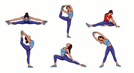 A woman demonstrates various yoga poses, stretching and improving flexibility in a bright, airy environment, promoting a healthy lifestyle and wellness.