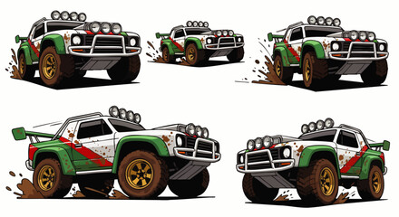 A vibrant illustration showcases a rugged off-road vehicle, splashing through mud, capturing the spirit of adventure and outdoor exploration with dynamic energy.