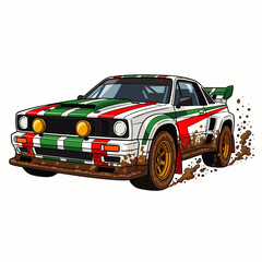 A detailed illustration of a classic rally car, showcasing its design with vibrant colors and dynamic mud effects, perfect for automotive enthusiasts.