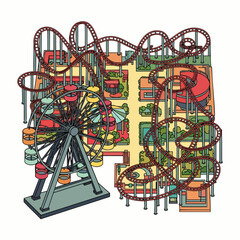 An illustrated aerial view of an amusement park features a Ferris wheel, roller coaster, and various attractions, inviting fun and entertainment.