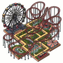 An isometric illustration depicts a vibrant amusement park, featuring a towering Ferris wheel, thrilling roller coaster tracks, and lush green landscaping.