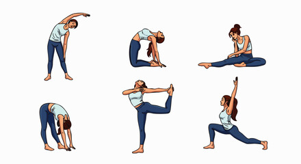 A series of illustrations showcases a woman performing various yoga poses, demonstrating flexibility and strength, promoting wellness and a healthy lifestyle.
