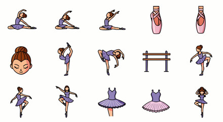 A charming collection of ballet-themed illustrations, showcasing graceful dancers, pointe shoes, tutus, and ballet barres, perfect for artistic projects and designs.