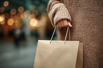 Woman in a shopping mall holding a blank white paper bag toward the camera, face partially out of frame, providing perfect copy space for branding, logo, or promotional message.
