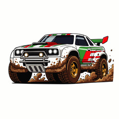A vibrant illustration showcases a rally car, kicking up dirt as it navigates a rugged terrain, capturing the thrill of off-road racing and adventure.
