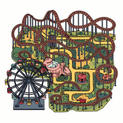 An illustrated amusement park map showcasing a thrilling roller coaster, a giant Ferris wheel, and various other attractions for entertainment and fun.
