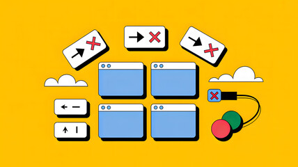 Colorful flat illustration of web interface windows with arrows and icons
