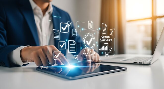 Businessman reviews digital documents on tablet at office desk, ensuring quality control and compliance in a modern workspace.