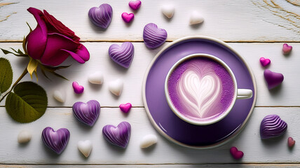 A top-down photo of a vibrant purple ube latte art with heart-shaped pattern and heart candies on white wooden table. 