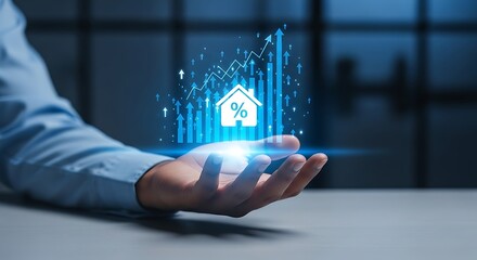 Hand holding digital house with rising graph and percentage sign, symbolizing real estate growth and investment opportunities in the modern era.