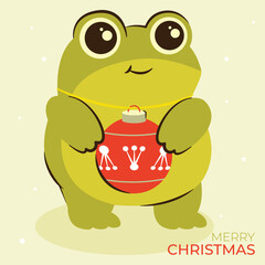 Christmas Frog Cartoon Character. Merry Christmas card with cute frog holding a cute Christmas ball. Christmas text.
