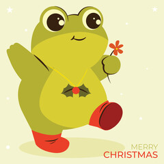 Christmas Frog Cartoon Character. Merry Christmas card with cute frog holding a cute flower. Christmas text.