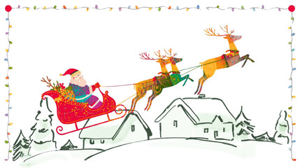 Colorful Illustration Of Santa Claus In A Sleigh Pulled By Reindeer Over Snowy Village Landscape
