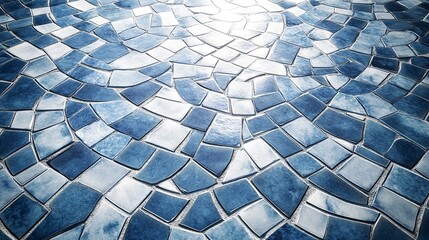 Abstract background of shimmering blue and white mosaic tiles creating a dynamic circular pattern