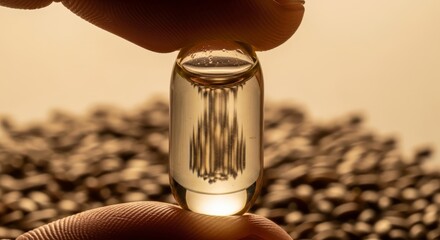 Close-up of hand holding transparent capsule over scattered seeds  