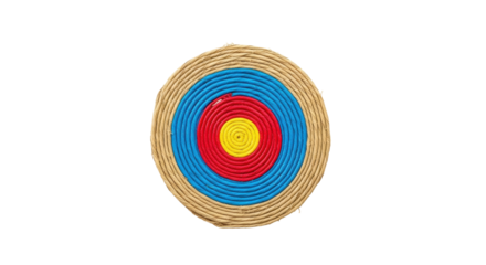 Archery target PNG isolated on transparent background, bullseye with concentric circles in yellow, red, blue and brown, sport equipment