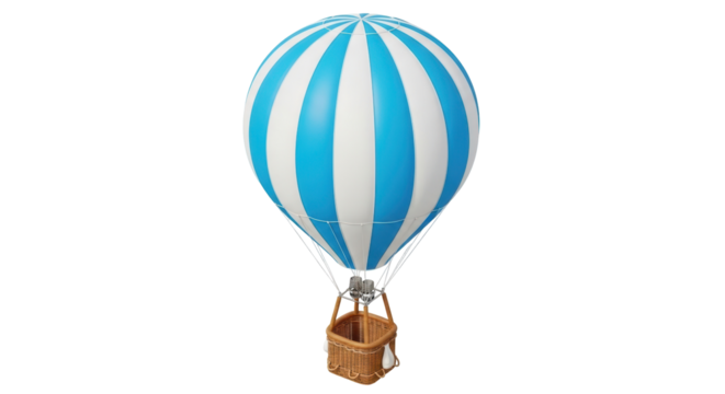 Blue and white striped hot air balloon PNG isolated on transparent background, vintage wicker basket for travel and adventure