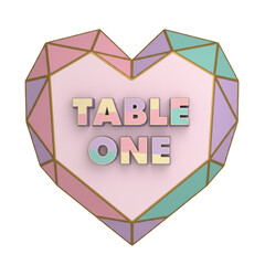 Colorful "Table One" Wedding Sign Designs, Geometric & 3D Heart Styles for Event Branding, Party Decor, and Social Media