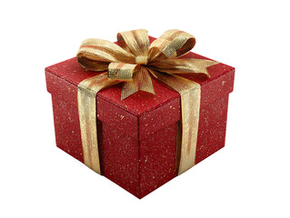 Obraz premium Elegant red Christmas gift box with gold ribbon bow isolated on transparent background